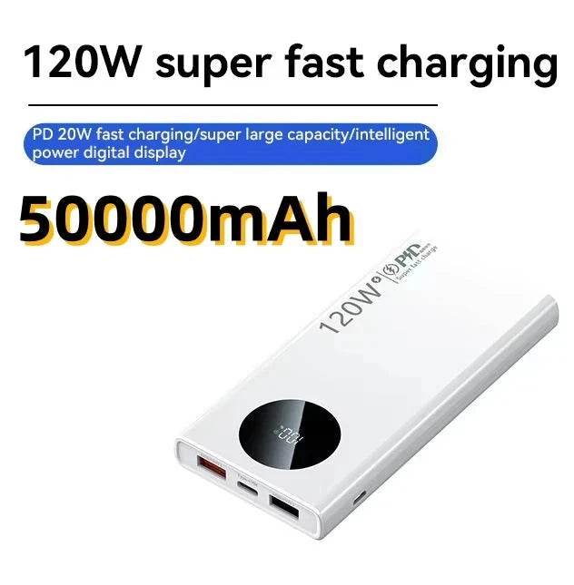High Capacity Power Bank, Fast Charging 120W: 10000mAh, 30000mAh, 500000mAh, Portable Battery Charger for iPhone, Samsung, Huawei Phones White 50000mAh