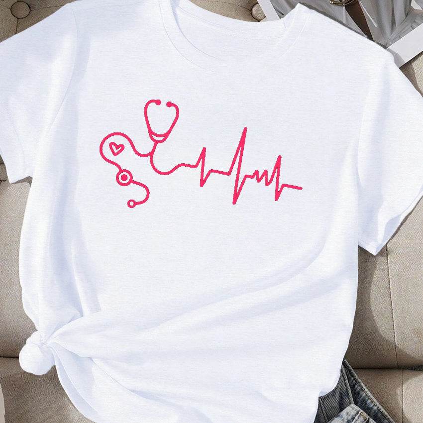 Stethoscope with Heartbeat Waveform T-shirt Features a Fun Stethoscope and Heartbeat Design, Perfect for Healthcare Enthusiasts White