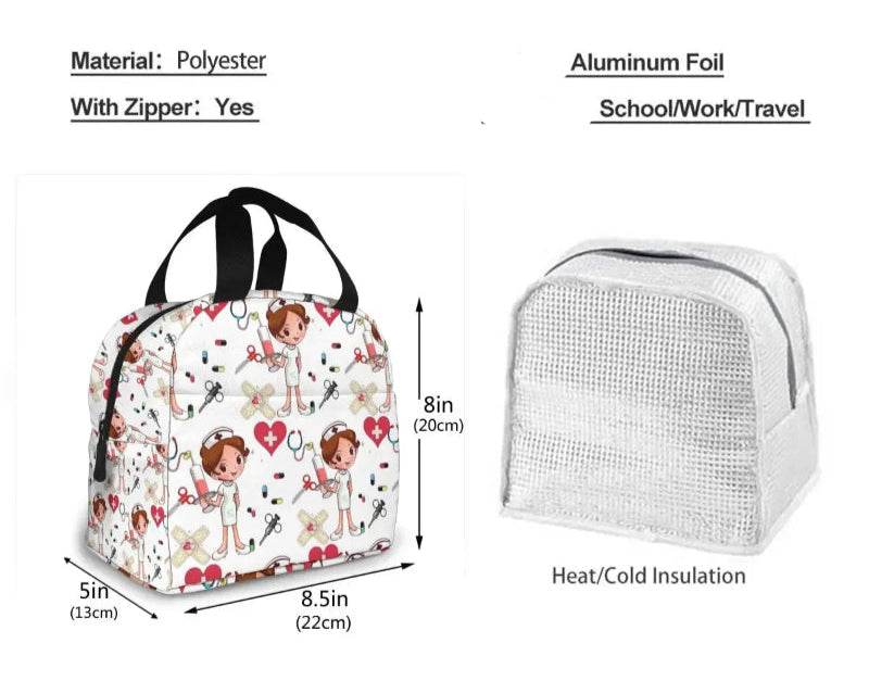 Portable Lunch Bag with Cartoon Nurse Design | Thermal Insulated Tote for Bento, School, and Food Storage