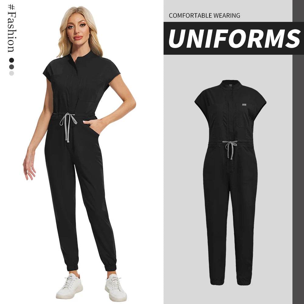 High-quality Beautician Work Gowns Medical Workwear Surgical Nursing Jumpsuits Pet Clinic Vet Scrubs Uniform Wholesale Jumpsuits 42166-Black