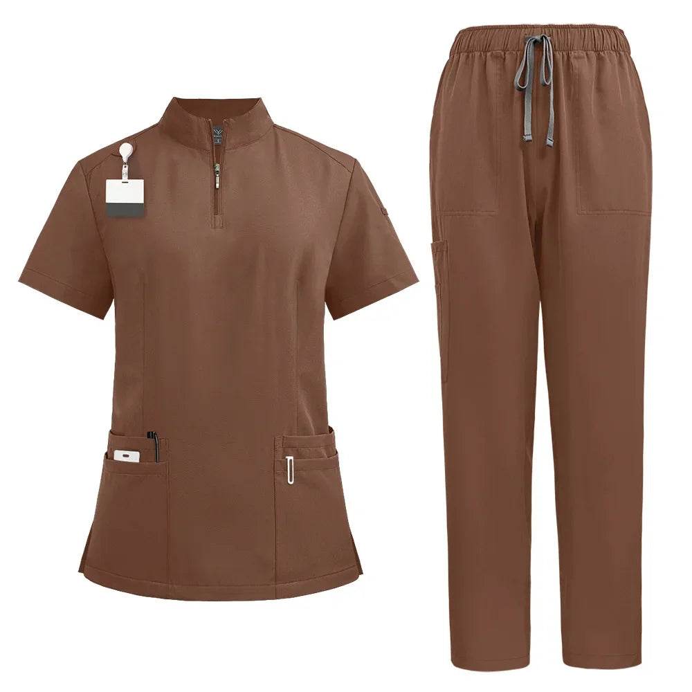 Unisex Medical Uniforms for V-neck Nurse Scurbs Set Women Hospital Doctor Workwear Oral Dental Surgery Work Uniform Short Sleeve 42108-Brown