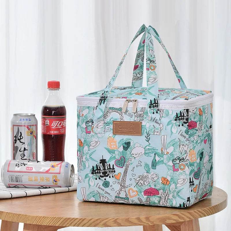 Portable Lunch Bag New Thermal Insulated Lunch Box Tote Cooler Functional Handbag Student Bento Pouch School Food Storage Bags blue tower