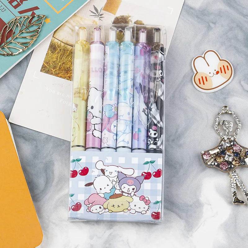 Sanrio 6-Piece Gel Pen Set Featuring Hello Kitty Cartoon, Black Ink, 0.5mm Tip, Quick-Drying Press Ballpoint Pens