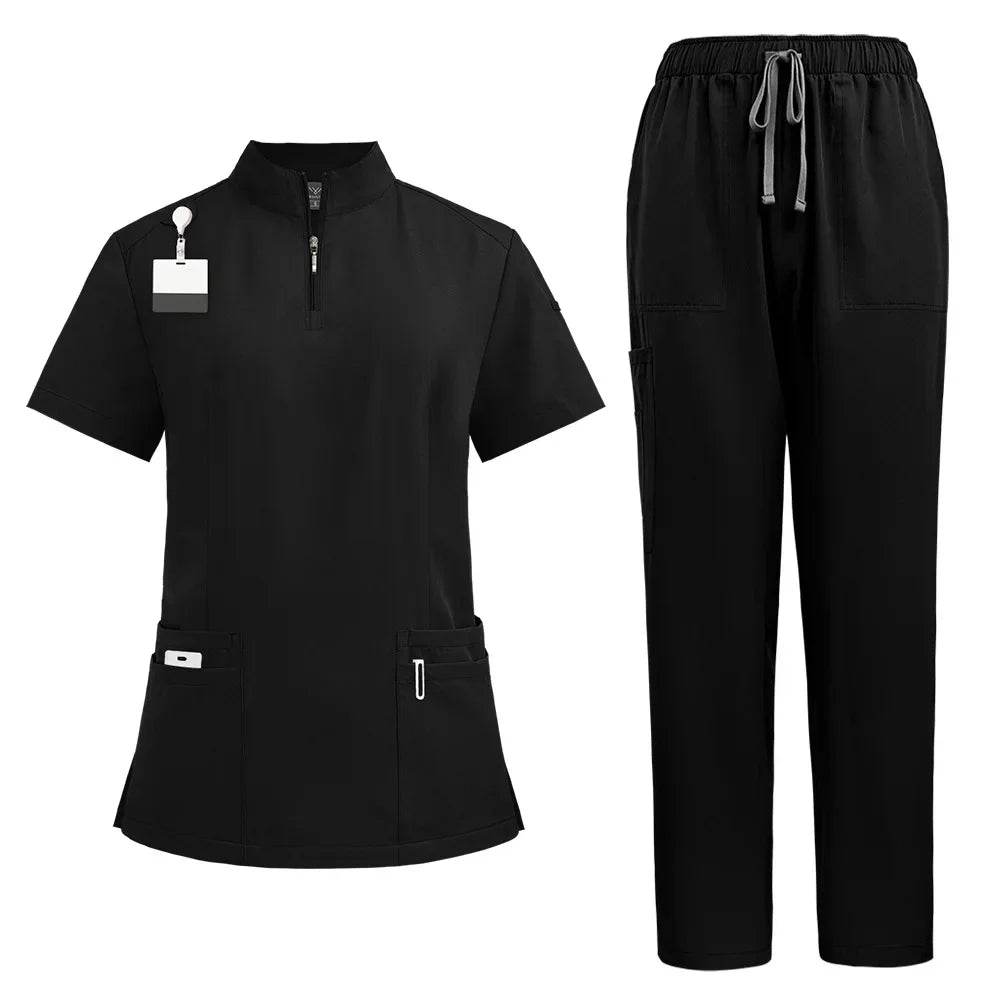 Unisex Medical Uniforms for V-neck Nurse Scurbs Set Women Hospital Doctor Workwear Oral Dental Surgery Work Uniform Short Sleeve 42108-Black