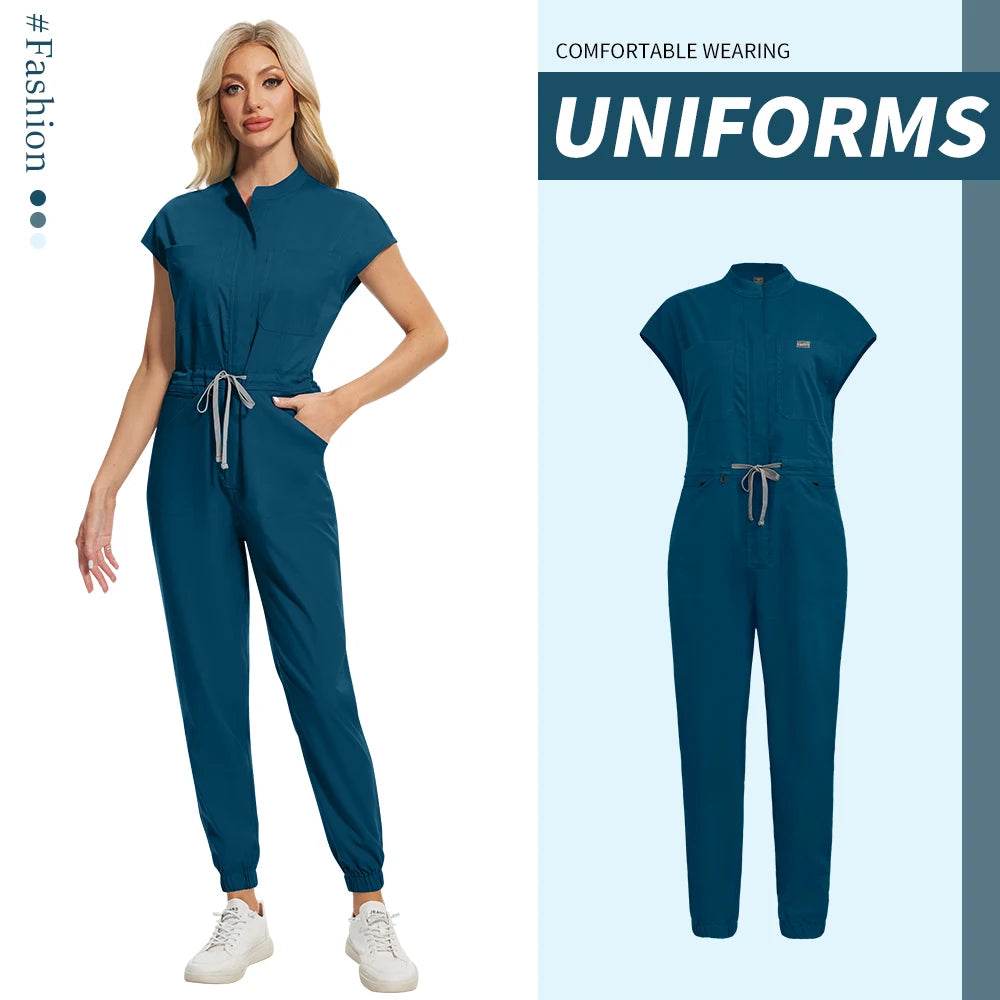 High-quality Beautician Work Gowns Medical Workwear Surgical Nursing Jumpsuits Pet Clinic Vet Scrubs Uniform Wholesale Jumpsuits 42166-Azure blue