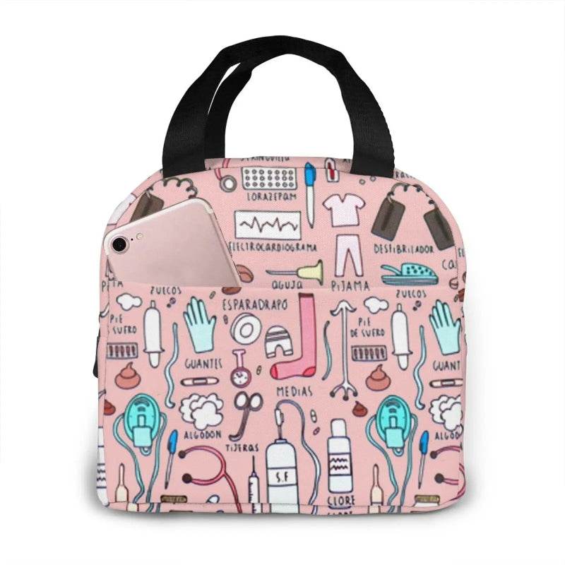 Portable Nurse Bag Insulated Lunch Bags Women Cute Nurse Print Food Case Tote Cooler Bento Bag for Kids Lunch Pouch 6