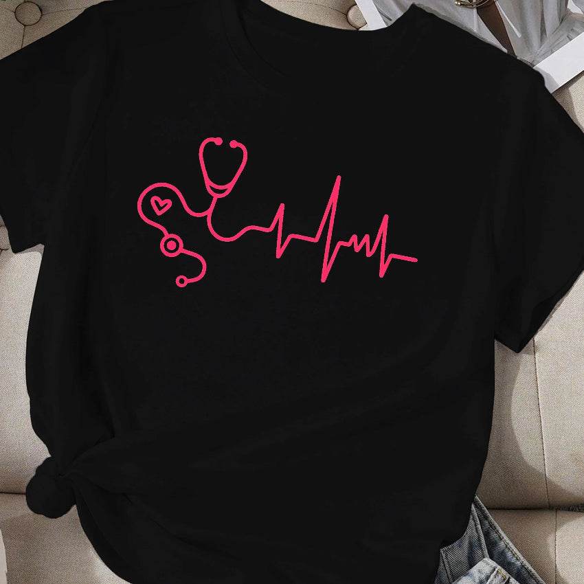 Stethoscope with Heartbeat Waveform T-shirt Features a Fun Stethoscope and Heartbeat Design, Perfect for Healthcare Enthusiasts Black
