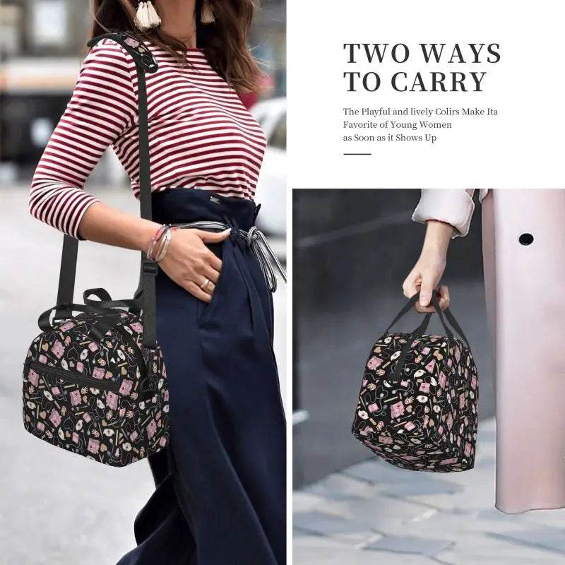 Keep your food fresh and fun with this delightful insulated lunch bag adorned with cute nurse-themed prints