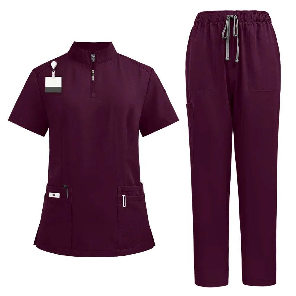 Unisex Medical Uniforms for V-neck Nurse Scurbs Set Women Hospital Doctor Workwear Oral Dental Surgery Work Uniform Short Sleeve 42108-wine red