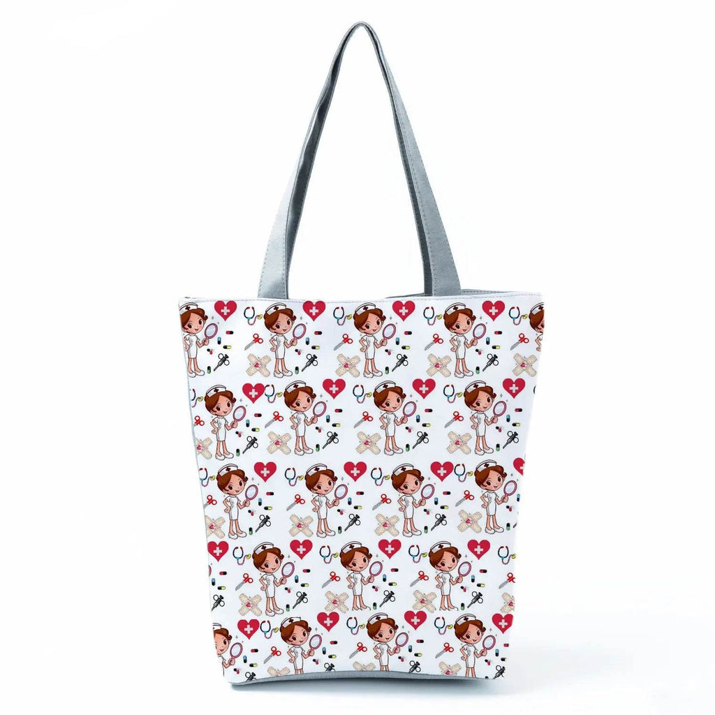 Playful Cartoon Nurse Print Foldable Shoulder Bags with Large Capacity – Eco-Friendly Tote for Shopping, Travel &amp; Beach hl1238 Nurse Handbag