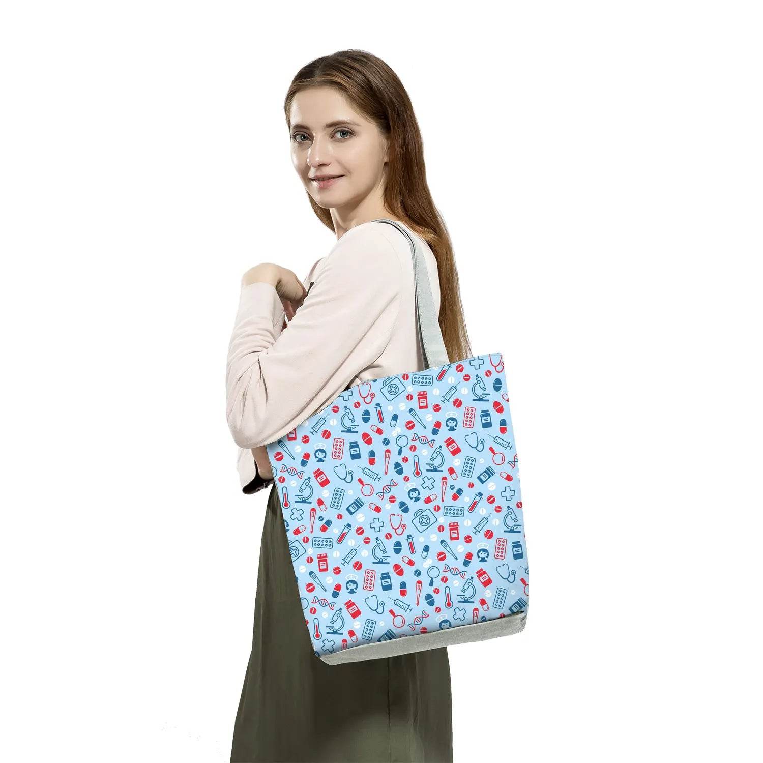 Fashion Tote Customized Cartoon Dentist Nurse Shoulder Bag Eco Reusable Shopping Bag Ladies Handbags for Women Casual Portable