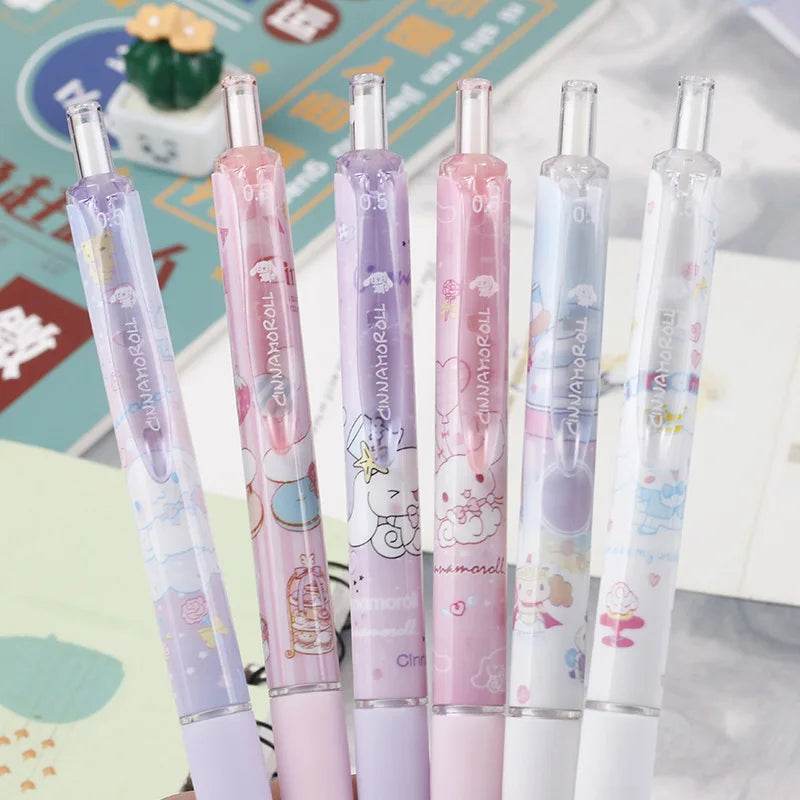 Sanrio 6-Piece Gel Pen Set Featuring Hello Kitty Cartoon, Black Ink, 0.5mm Tip, Quick-Drying Press Ballpoint Pens