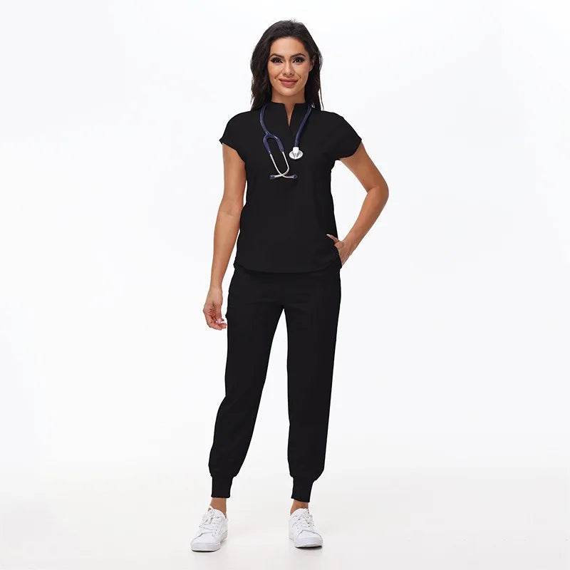 Hospital Scrubs Work Uniforms Short-sleeved Health Services Suits Black
