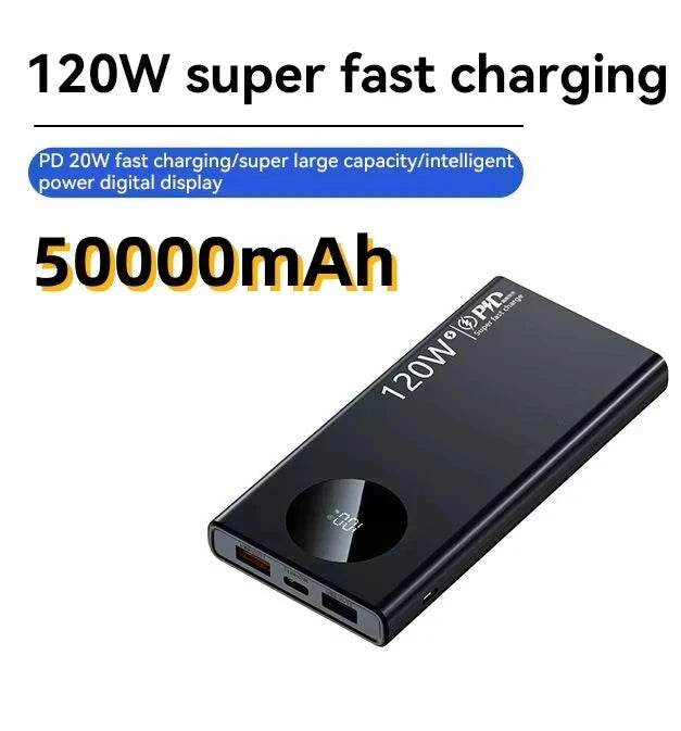 High Capacity Power Bank, Fast Charging 120W: 10000mAh, 30000mAh, 500000mAh, Portable Battery Charger for iPhone, Samsung, Huawei Phones Black 50000mAh