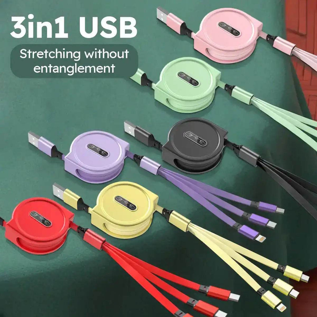 3-in-1 Retractable USB Cable: Fast Charging &amp; Data Sync for iPhone, Samsung, Huawei, Xiaomi – Multi-Port Magic!