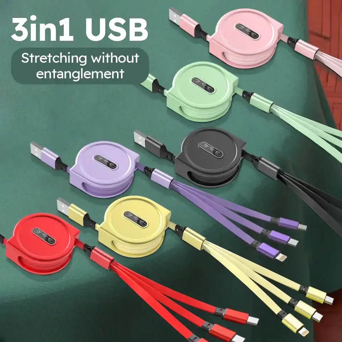 3-in-1 Retractable USB Cable: Fast Charging &amp; Data Sync for iPhone, Samsung, Huawei, Xiaomi – Multi-Port Magic!
