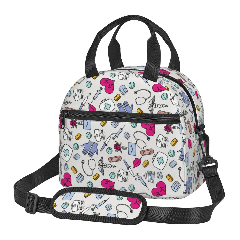 Keep your food fresh and fun with this delightful insulated lunch bag adorned with cute nurse-themed prints 20