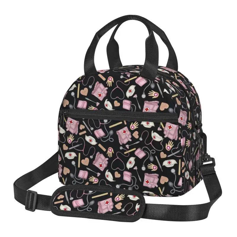 Keep your food fresh and fun with this delightful insulated lunch bag adorned with cute nurse-themed prints