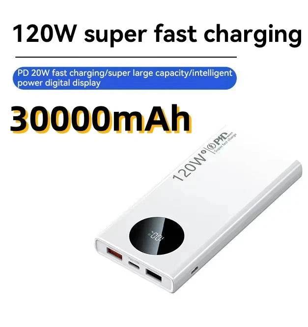 High Capacity Power Bank, Fast Charging 120W: 10000mAh, 30000mAh, 500000mAh, Portable Battery Charger for iPhone, Samsung, Huawei Phones White 30000mAh