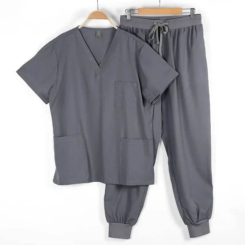 Unisex Medical Scrubs Short Sleeve Sets - Multicolor Dental/Pharmacy/Hospital Workwear W/6 Pockets & Anti-Microbial Fabric Grey