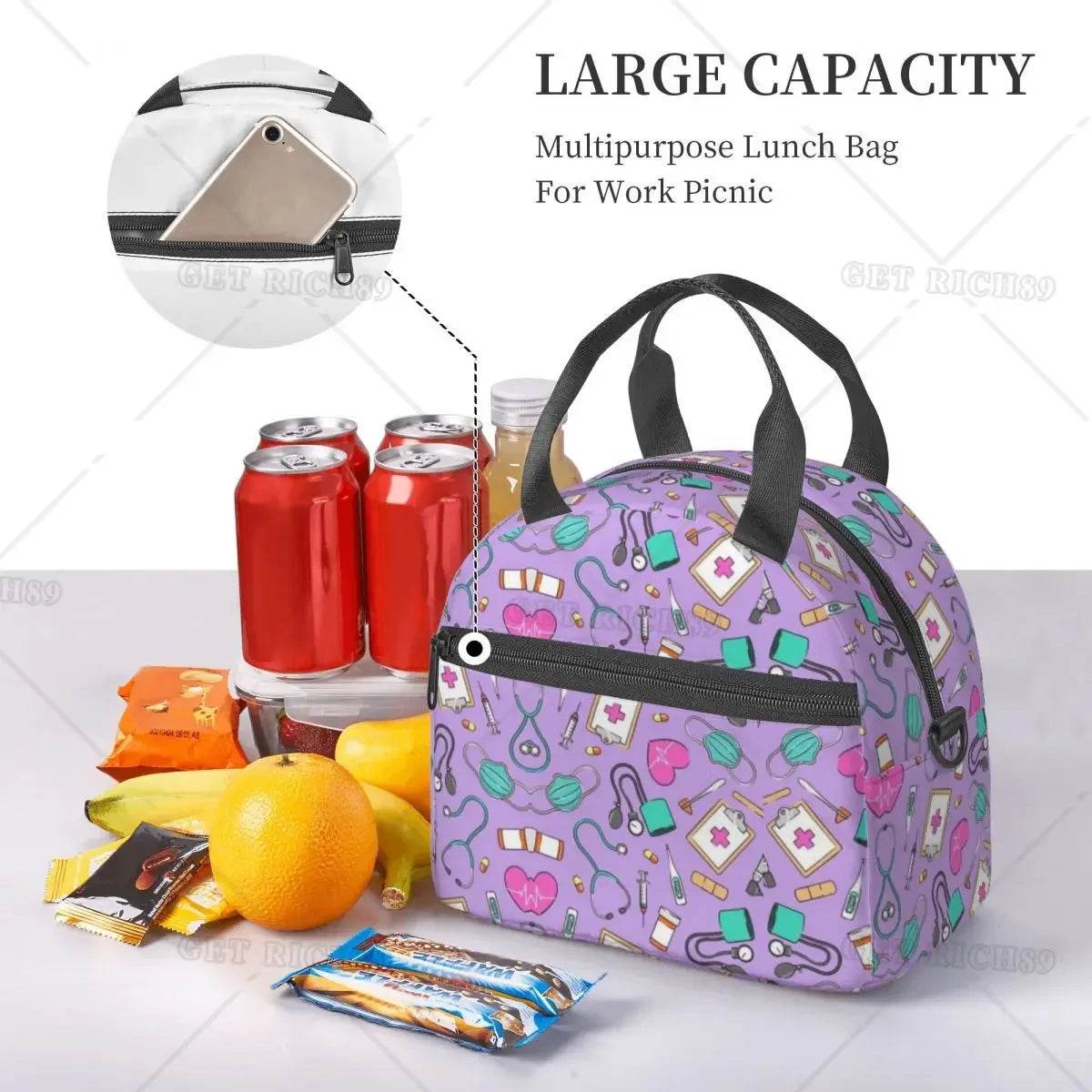 Funny Nurse Prints Insulated Lunch Bag for School Office Nursing Portable Thermal Cooler Lunch Box Women Men Large Capacity