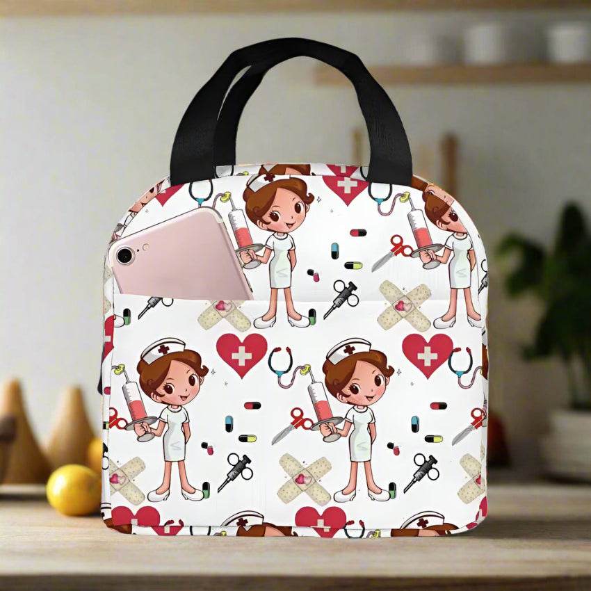 Portable Lunch Bag with Cartoon Nurse Design | Thermal Insulated Tote for Bento, School, and Food Storage