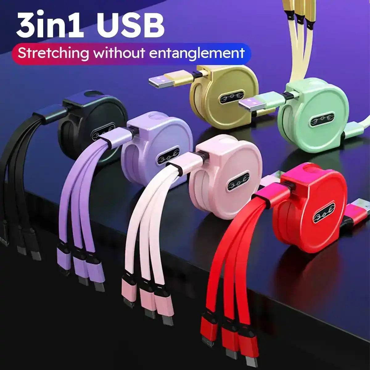 3-in-1 Retractable USB Cable: Fast Charging &amp; Data Sync for iPhone, Samsung, Huawei, Xiaomi – Multi-Port Magic!
