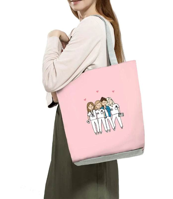 Playful Cartoon Nurse Print Foldable Shoulder Bags with Large Capacity – Eco-Friendly Tote for Shopping, Travel &amp; Beach