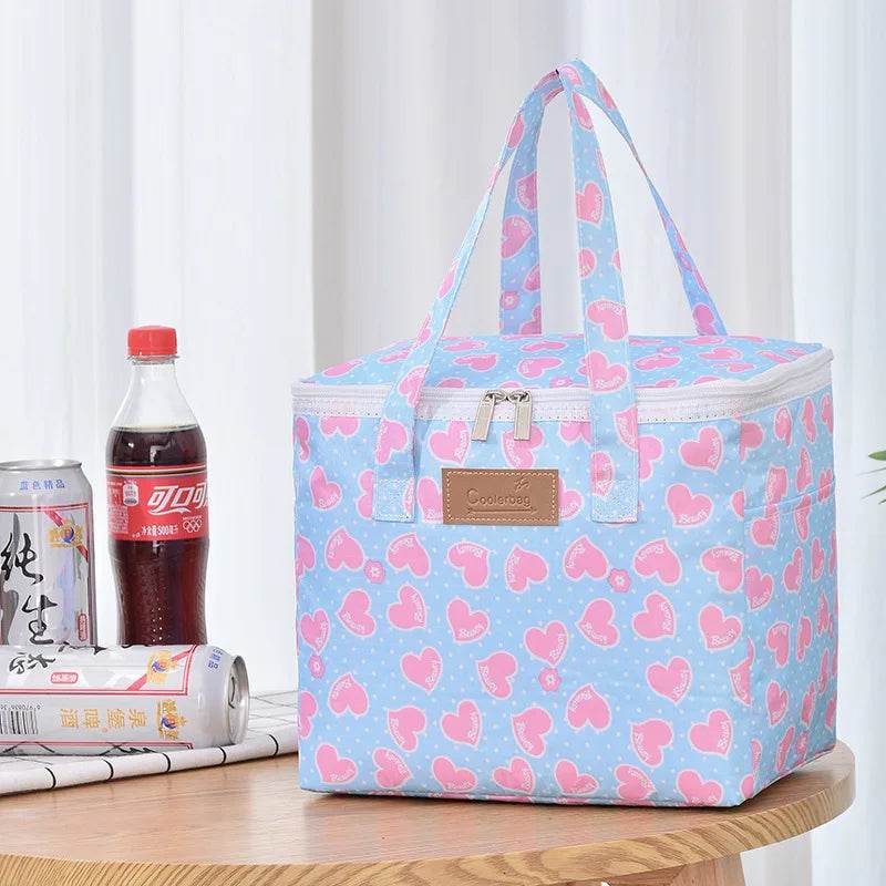 Portable Lunch Bag New Thermal Insulated Lunch Box Tote Cooler Functional Handbag Student Bento Pouch School Food Storage Bags pink heart