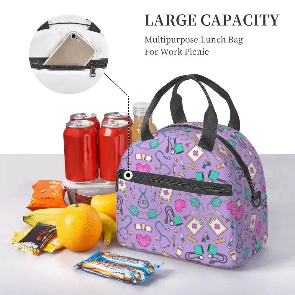 Funny Nurse Prints Insulated Lunch Bag for School Office Nursing Portable Thermal Cooler Lunch Box Women Men Large Capacity
