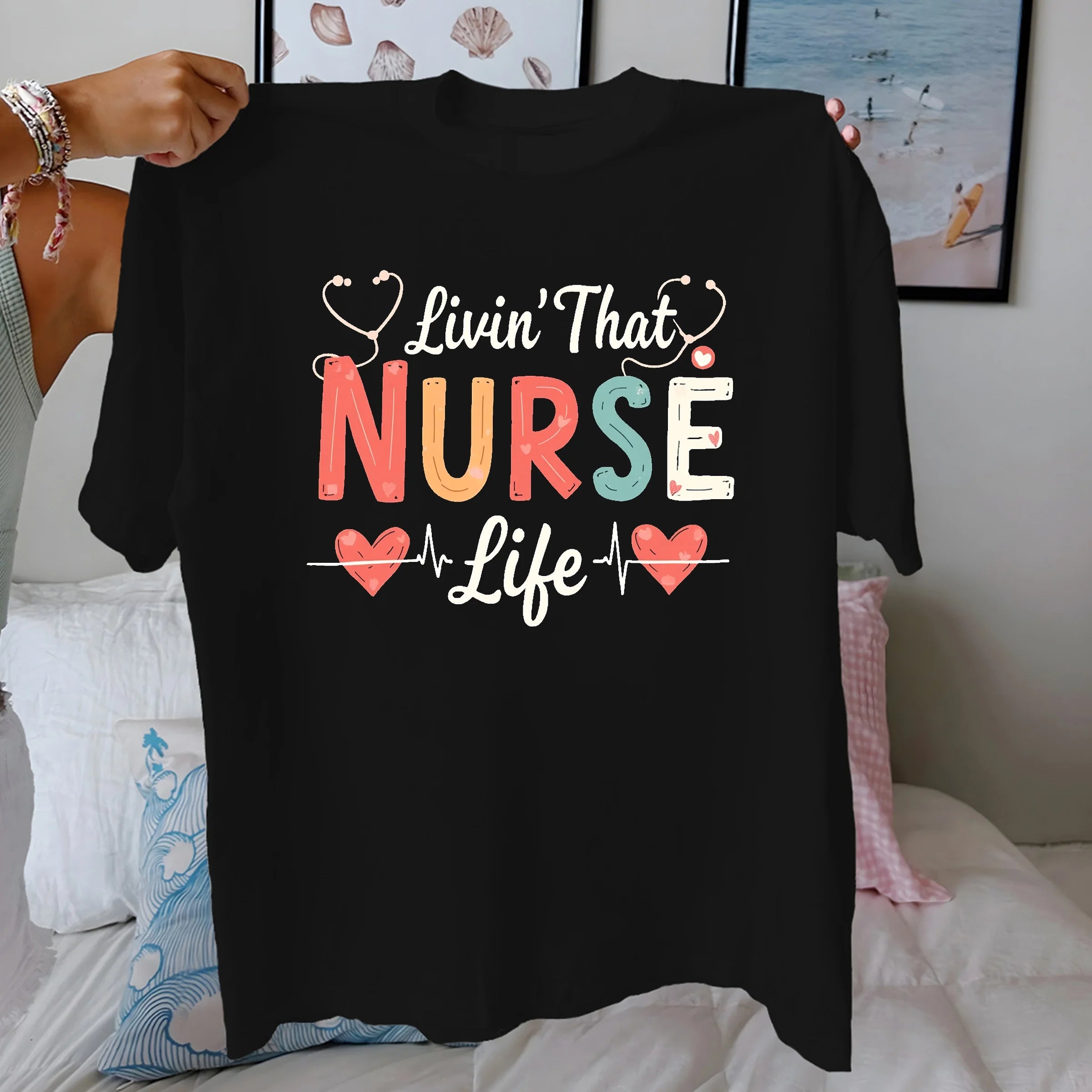 Comfort Fit Pure Cotton Women's T-shirt Stethoscope "Livin That NURSE Life" Black