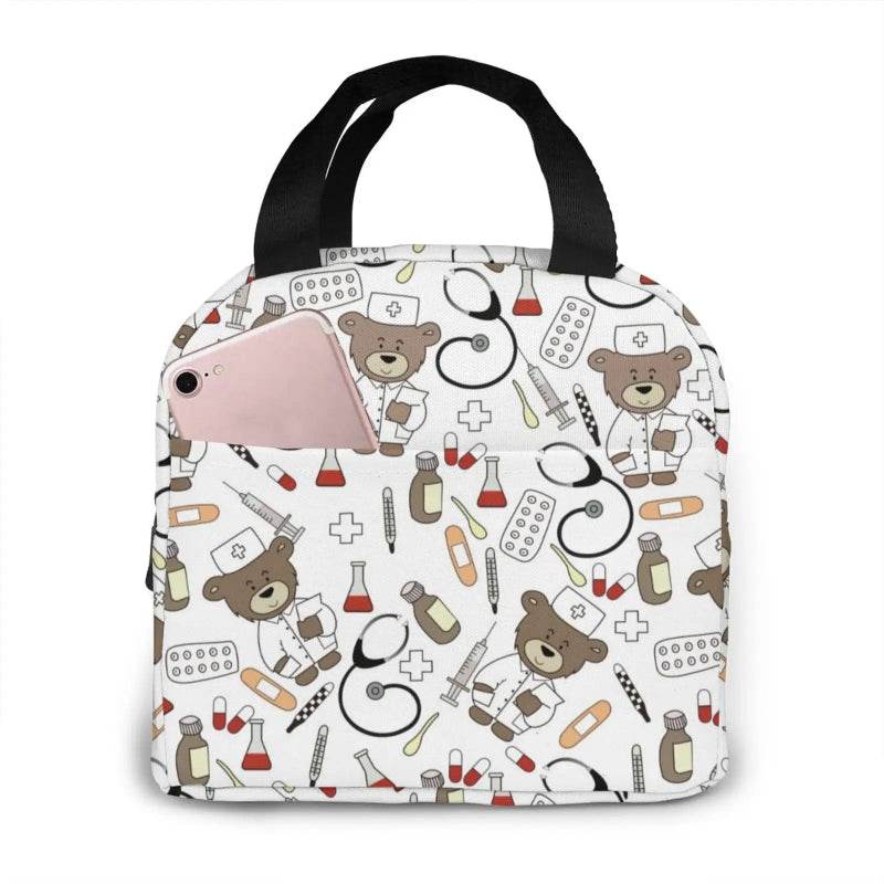 Portable Nurse Bag Insulated Lunch Bags Women Cute Nurse Print Food Case Tote Cooler Bento Bag for Kids Lunch Pouch 2
