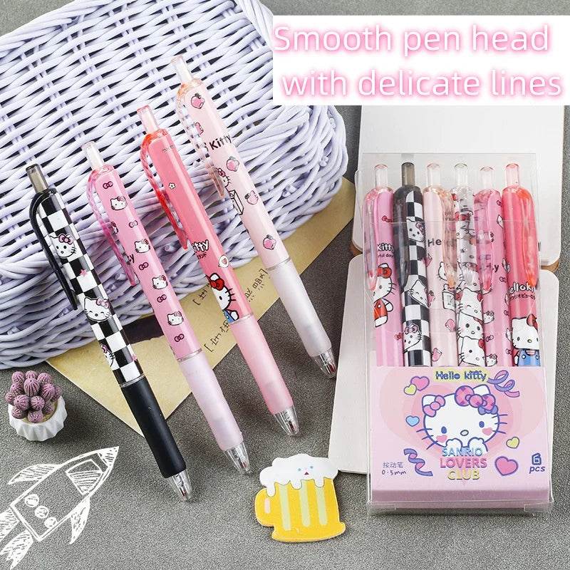 Sanrio 6-Piece Gel Pen Set Featuring Hello Kitty Cartoon, Black Ink, 0.5mm Tip, Quick-Drying Press Ballpoint Pens