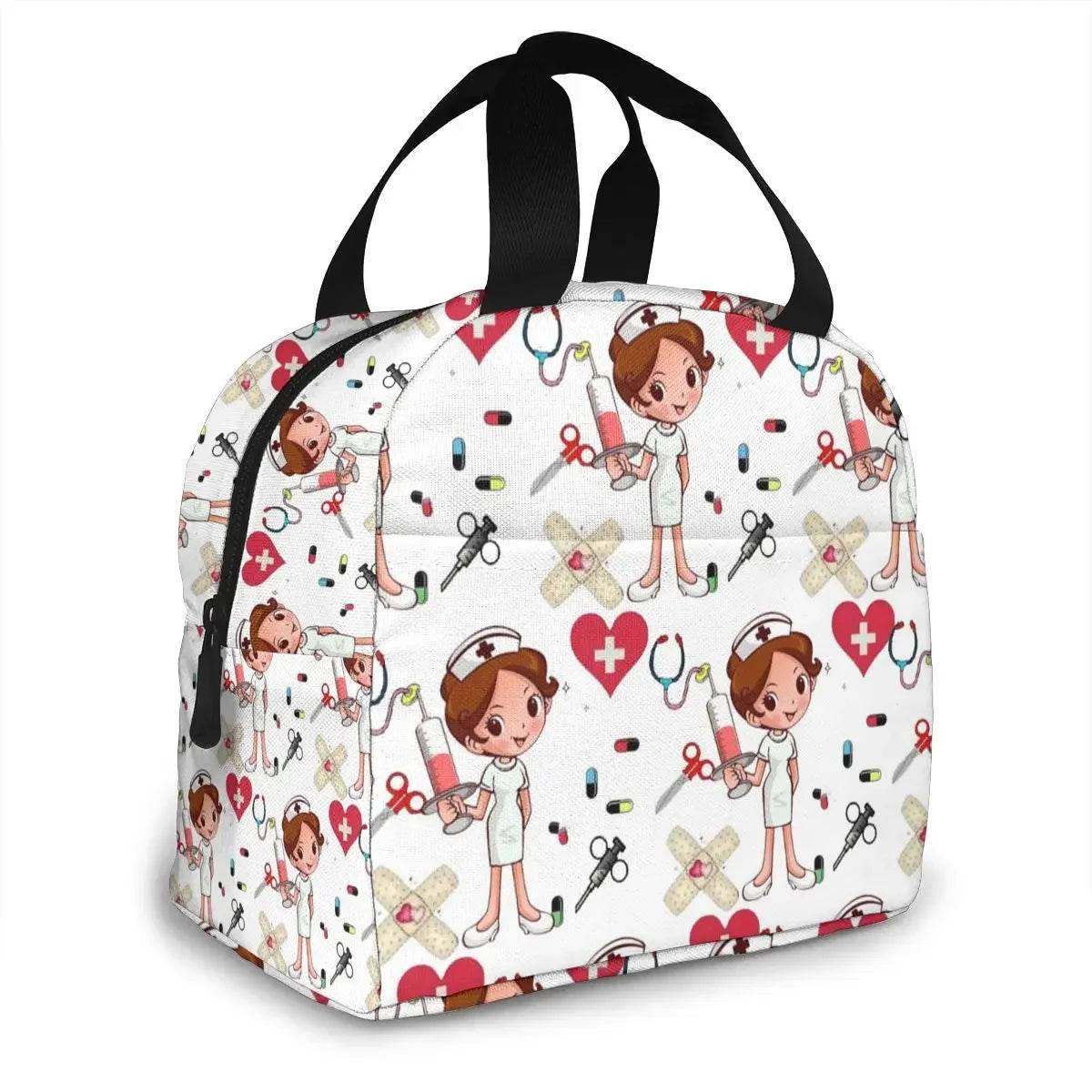 Portable Lunch Bag with Cartoon Nurse Design | Thermal Insulated Tote for Bento, School, and Food Storage