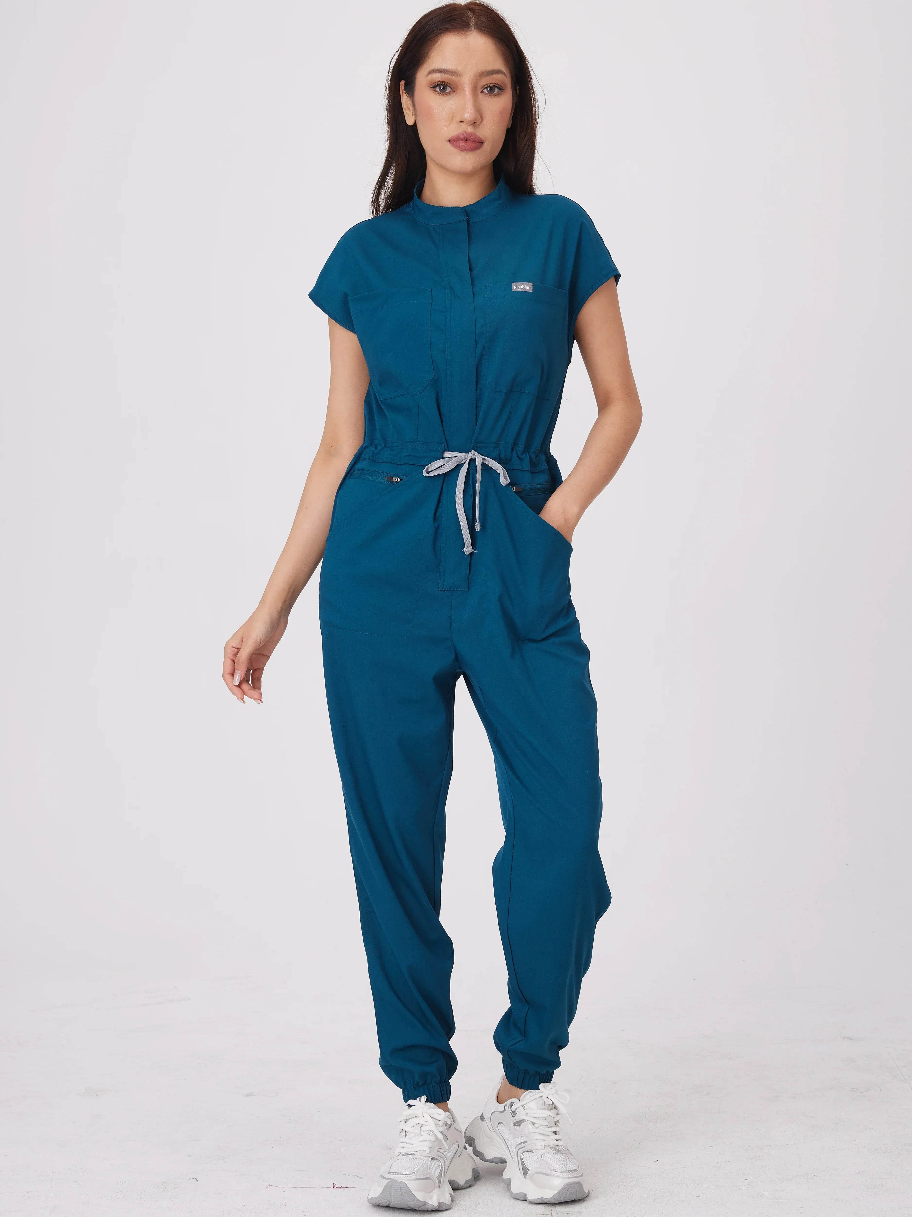 Wholesale Medical Apparel Scrub Uniform Women Short Sleeved Scrubs Jumpsuit Medical Hospital Clothing Scrub Uniforms with Pocket BB001-azure blue