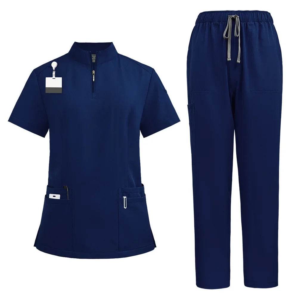 Unisex Medical Uniforms for V-neck Nurse Scurbs Set Women Hospital Doctor Workwear Oral Dental Surgery Work Uniform Short Sleeve 42108-dark blue