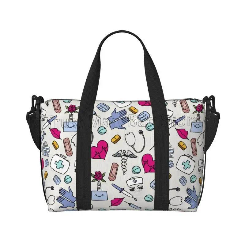 Nurse Medical Theme Travel Duffle Bag Carry on Tote Bags for Sport Gym Lightweight Waterproof Weekender Overnight Bags for Women