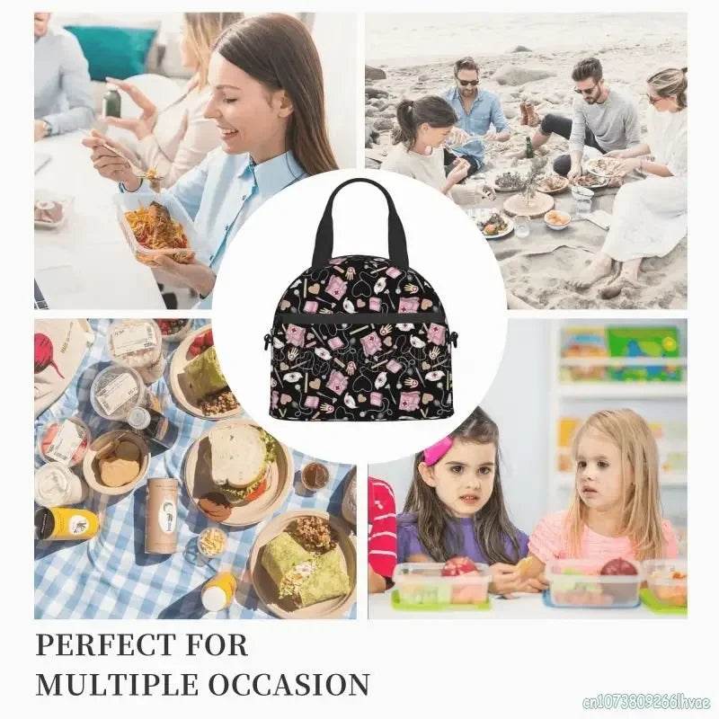 Keep your food fresh and fun with this delightful insulated lunch bag adorned with cute nurse-themed prints