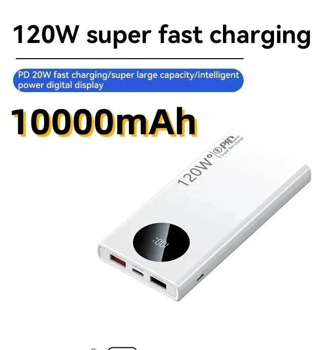 High Capacity Power Bank, Fast Charging 120W: 10000mAh, 30000mAh, 500000mAh, Portable Battery Charger for iPhone, Samsung, Huawei Phones White 10000mAh
