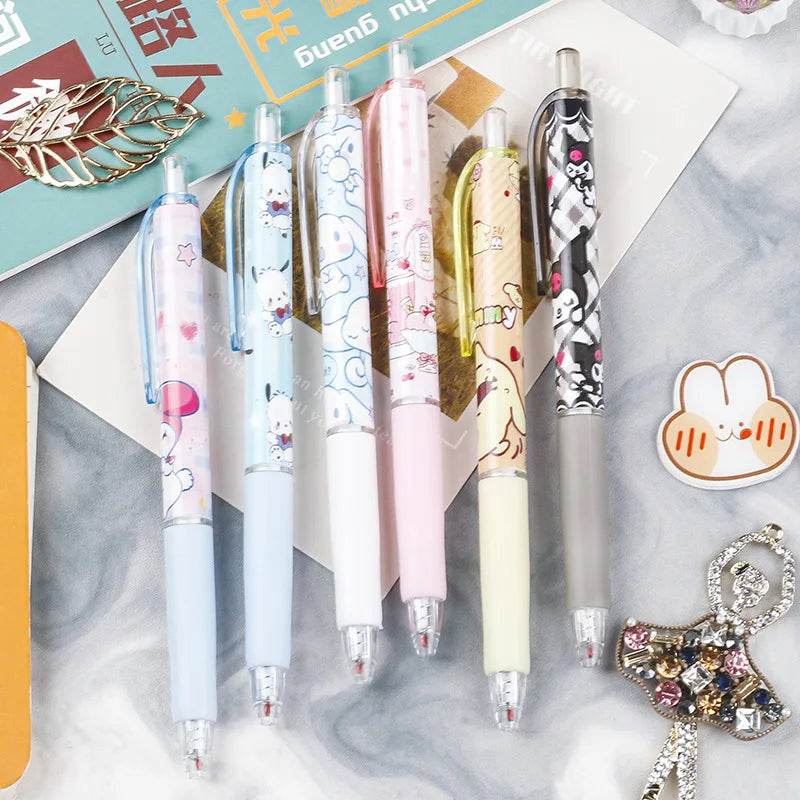 Sanrio 6-Piece Gel Pen Set Featuring Hello Kitty Cartoon, Black Ink, 0.5mm Tip, Quick-Drying Press Ballpoint Pens