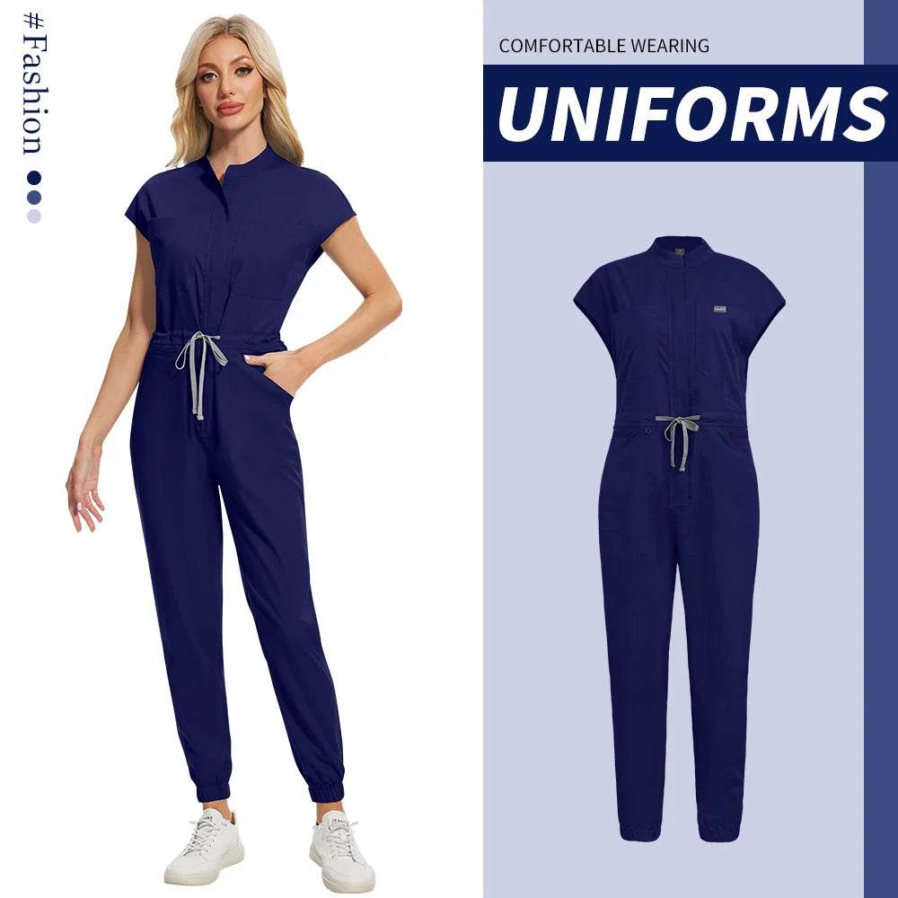 High-quality Beautician Work Gowns Medical Workwear Surgical Nursing Jumpsuits Pet Clinic Vet Scrubs Uniform Wholesale Jumpsuits 42166-Navy blue