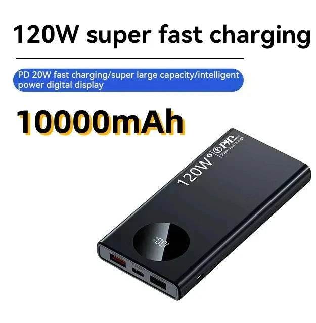 High Capacity Power Bank, Fast Charging 120W: 10000mAh, 30000mAh, 500000mAh, Portable Battery Charger for iPhone, Samsung, Huawei Phones Black 10000mAh