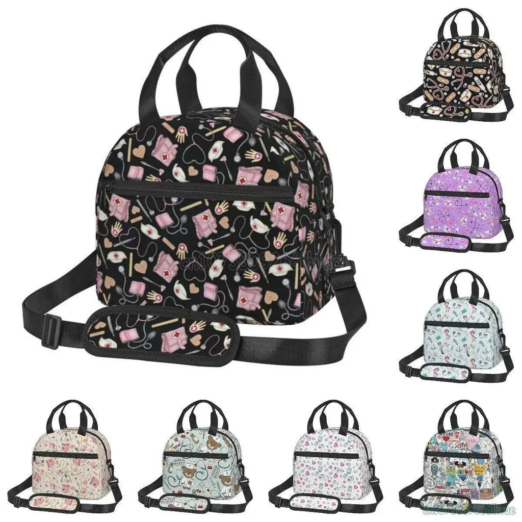 Keep your food fresh and fun with this delightful insulated lunch bag adorned with cute nurse-themed prints