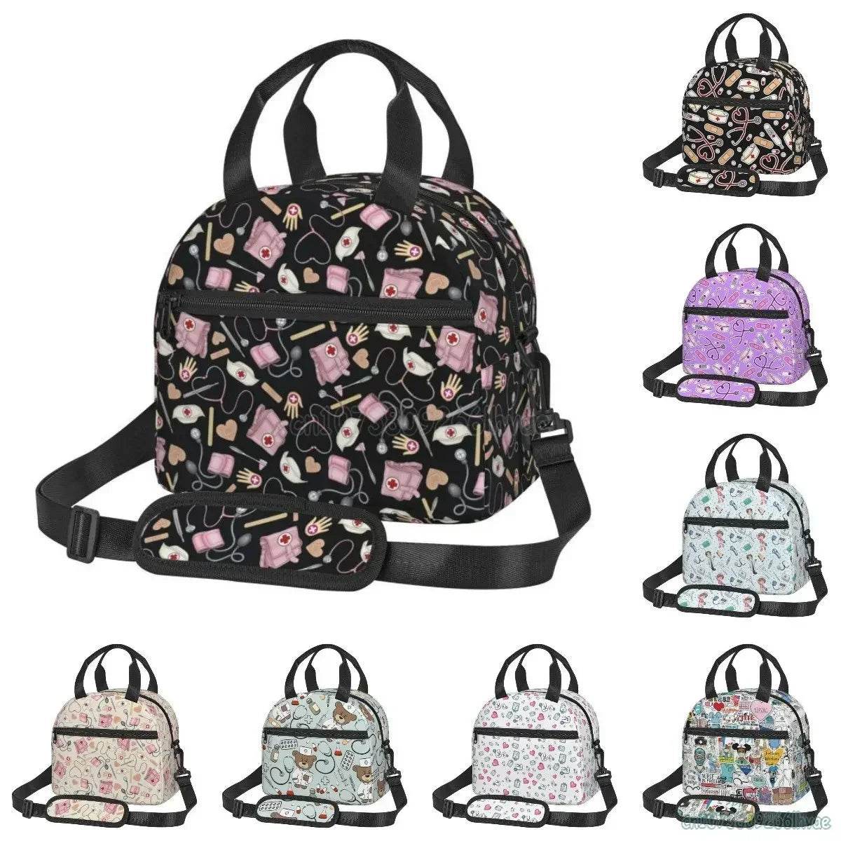 Keep your food fresh and fun with this delightful insulated lunch bag adorned with cute nurse-themed prints