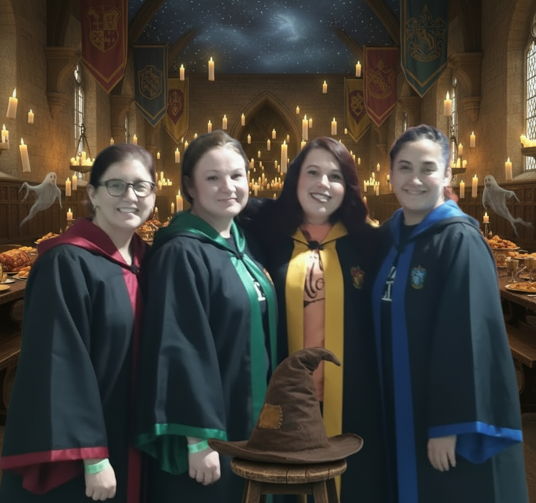 Four women posing together in front of a colorful inflatable structure