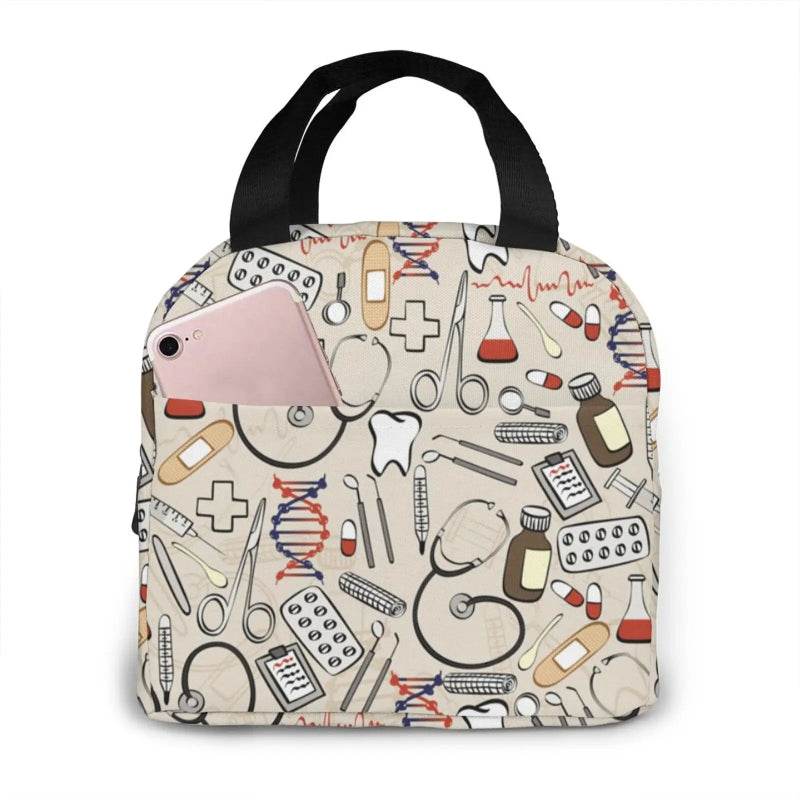 Portable Nurse Bag Insulated Lunch Bags Women Cute Nurse Print Food Case Tote Cooler Bento Bag for Kids Lunch Pouch 3