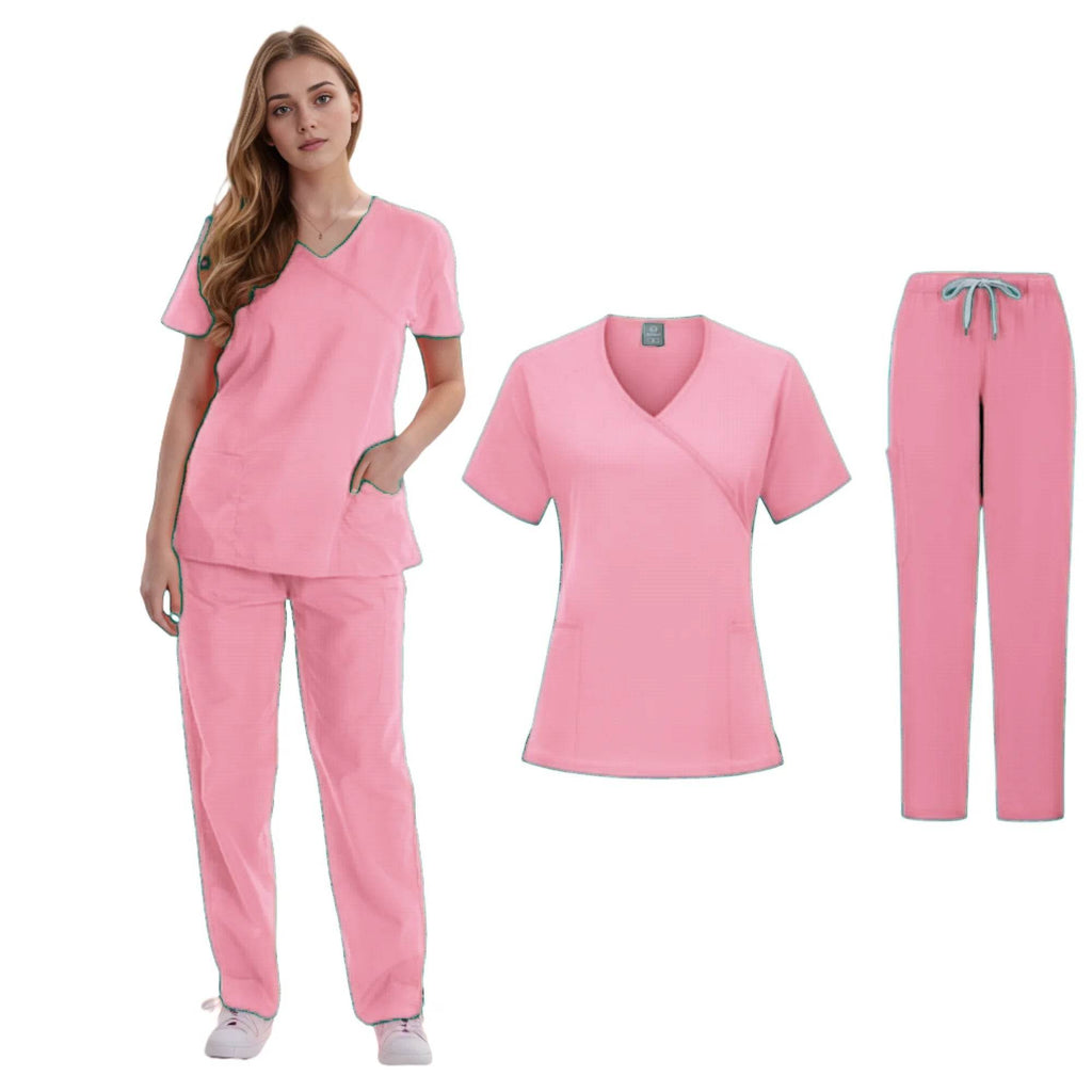 Women's Clinical Joggers Scrub Suit Medical Uniform Sets Pink