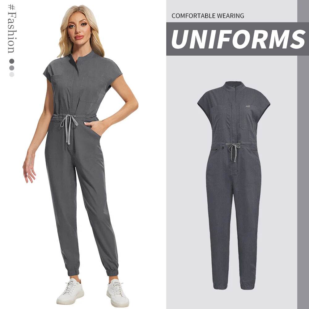 High-quality Beautician Work Gowns Medical Workwear Surgical Nursing Jumpsuits Pet Clinic Vet Scrubs Uniform Wholesale Jumpsuits 42166-Grey