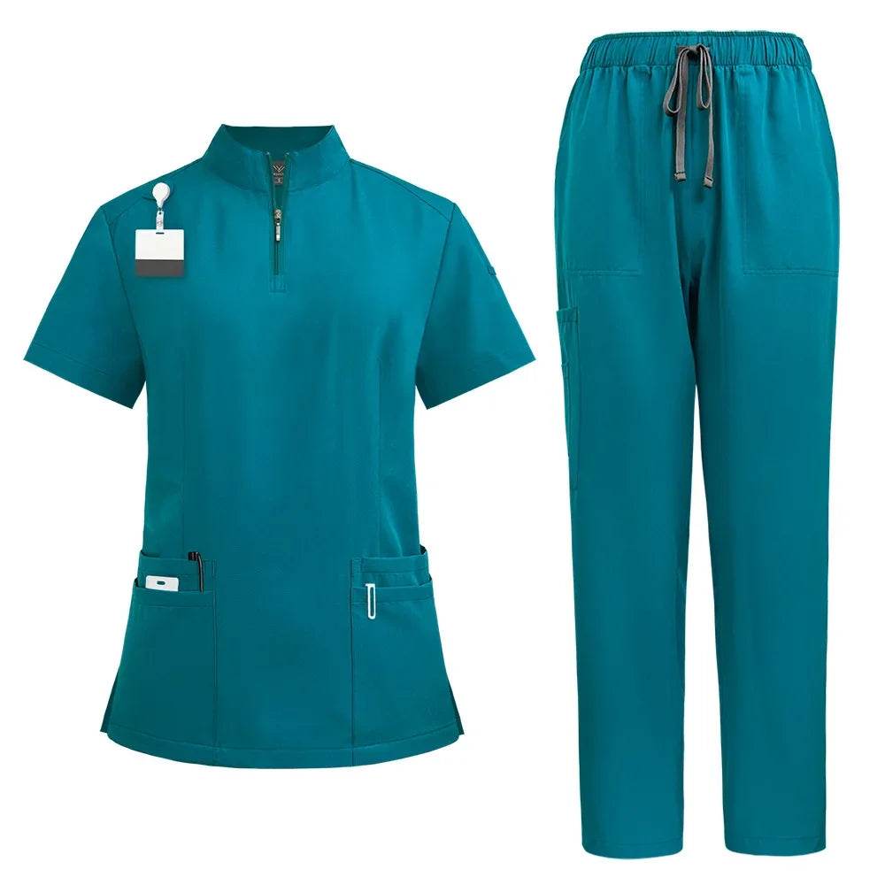 Unisex Medical Uniforms for V-neck Nurse Scurbs Set Women Hospital Doctor Workwear Oral Dental Surgery Work Uniform Short Sleeve 42108-Lake Blue