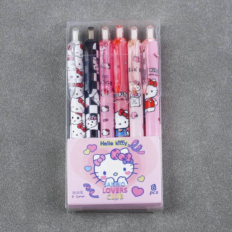 Sanrio 6-Piece Gel Pen Set Featuring Hello Kitty Cartoon, Black Ink, 0.5mm Tip, Quick-Drying Press Ballpoint Pens HelloKitty